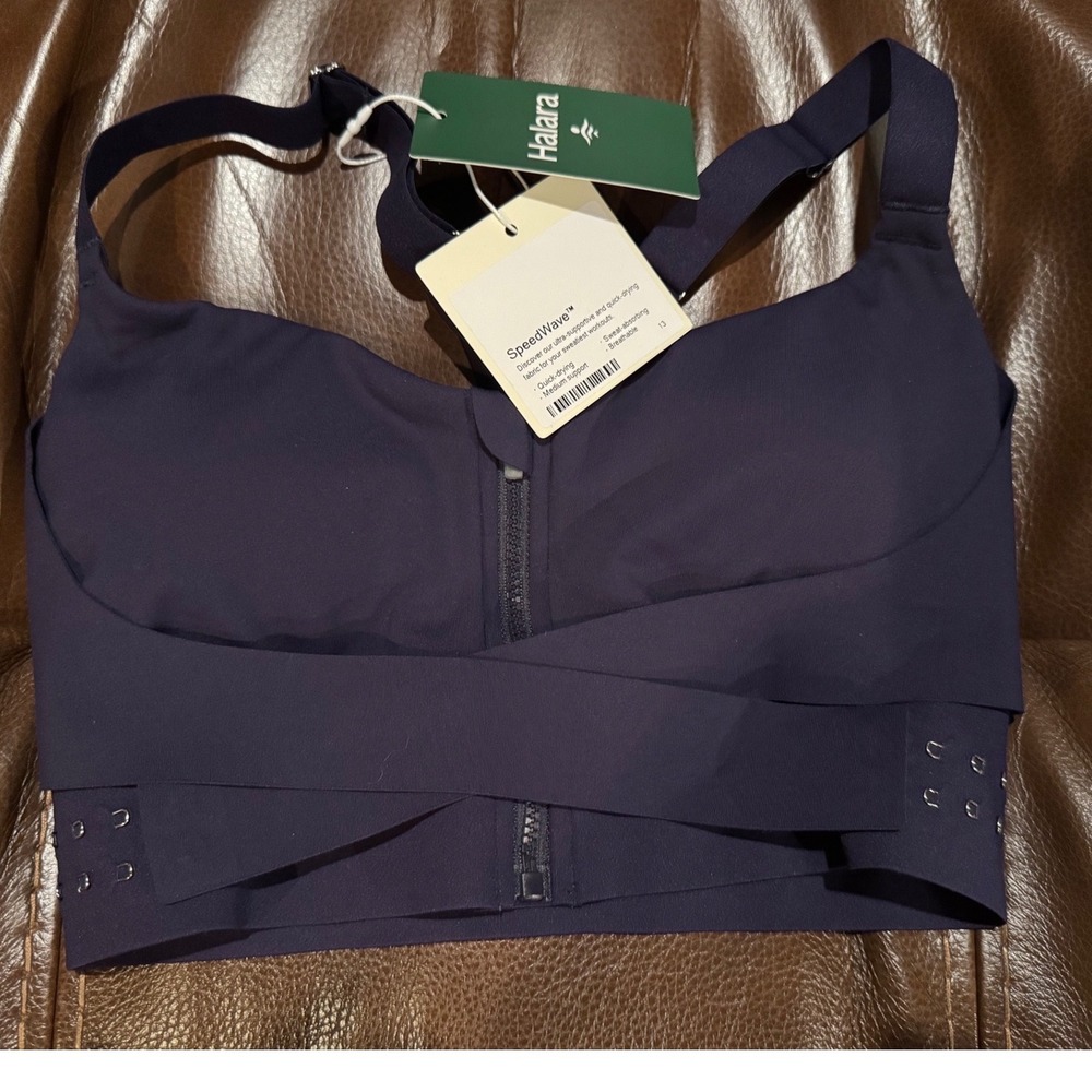 Halara SpeedWave Front Zip Sports Bra Navy XS Medium Support NWT